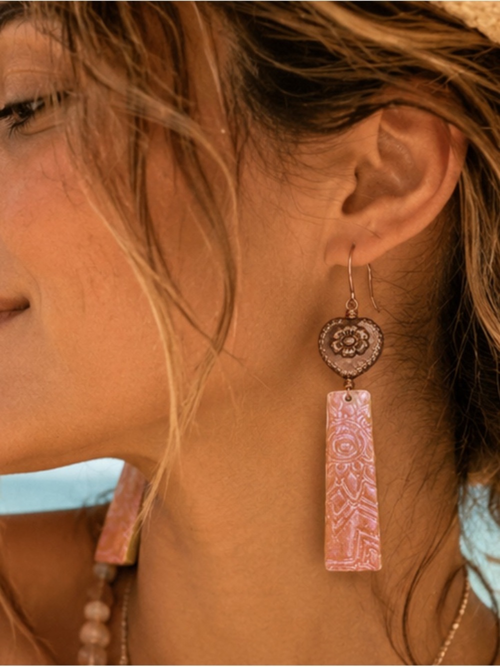 HOST PICK Hand Crafted Copper and Pink Dangle Embossed Resin Heart Earrings - Picture 2 of 16
